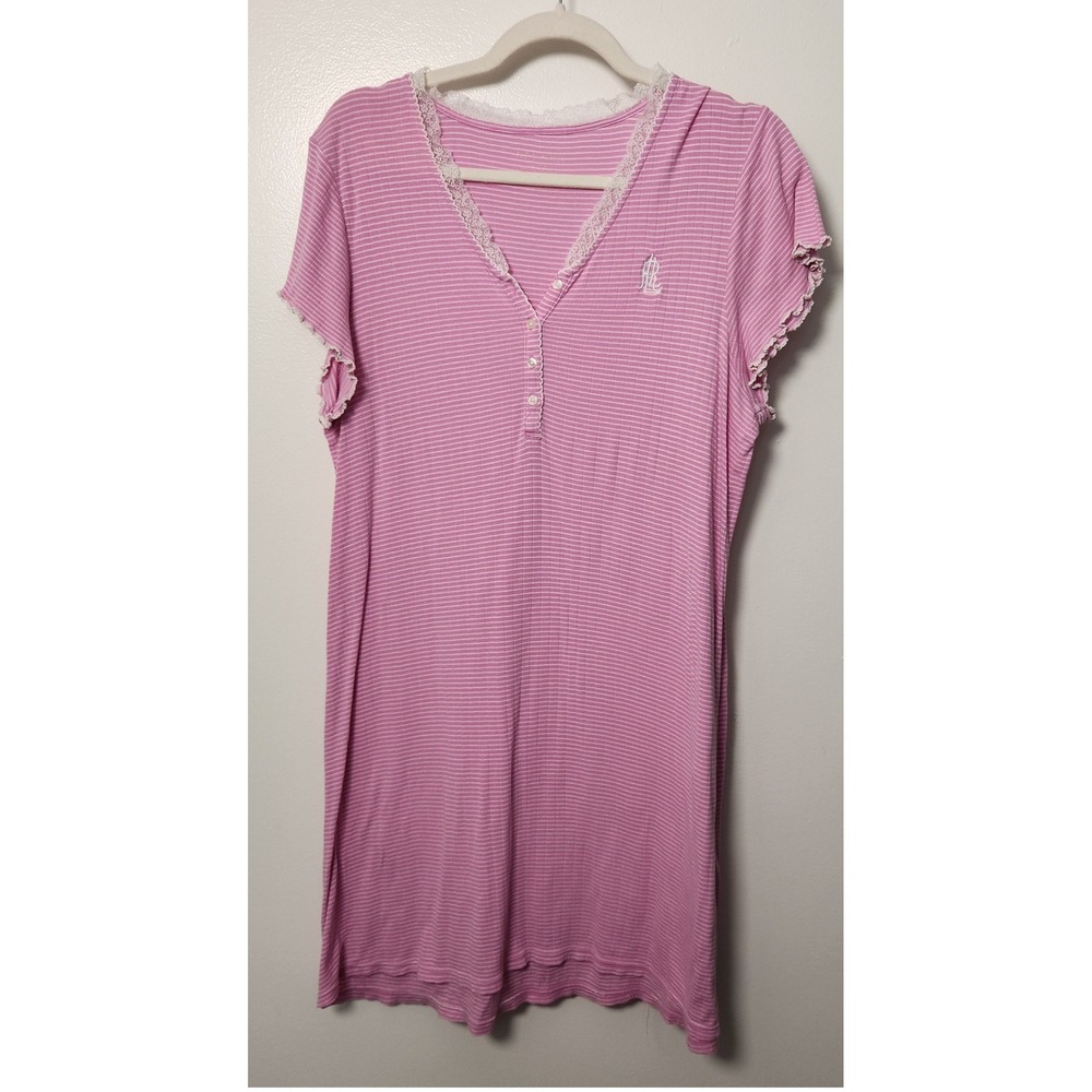 Lauren Ralph Lauren Women's Med Pink White Lace Trim Henley Sleep Shirt Monogram
